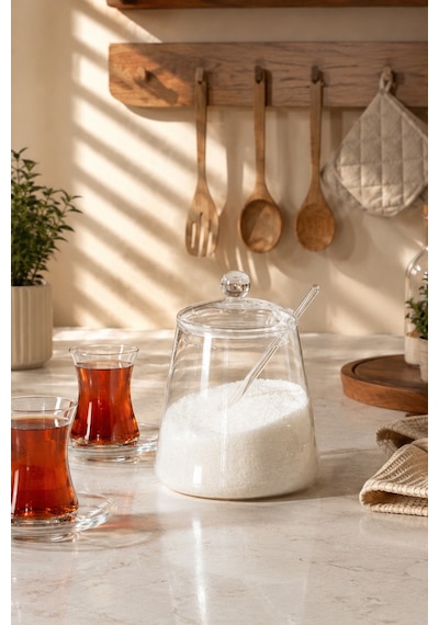 Porsima Lm-0019 Kaşıklı Kapaklı Cam Şekerlik Sunumluk Bal Ve Reçel Kavanozu Saklama Kabı 500ml Şeffaf