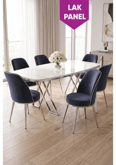 Peras Serisi 90x160 Lak Panel Beyaz Mermer Desen Krom Ayaklı Masa Takımı 6 Sandalye Beyaz Mermer Masa Antrasit Sandalye Peras Serisi 90x160 Lak Panel Beyaz Mermer Desen Krom Ayaklı Masa Takımı 6 Sandalye Beyaz Mermer Masa Antrasit Sandalye
