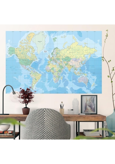 Plustablo Kendinden Yapışkanlı Eğitim Amaçlı Siyasi Dünya Haritası Duvar Stickerı 100x150 Cm. 1