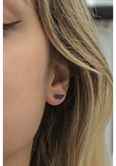 Nereze 925 Ayar Gümüş Minik Siyah Taşlı Melek Kanadı Küpe