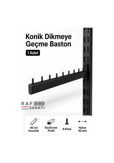 1 Adet - Konik Dikmeye Geçme Baston Askı 40 Cm Mağaza Giyim Raf Askılık Aparatı Siyah