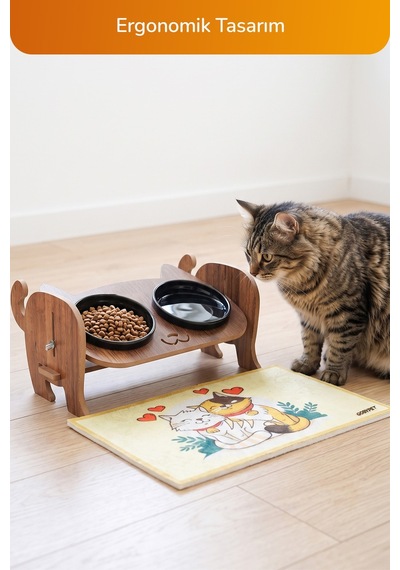 Ahşap Kedi Mama Seramik Su Kabı Standı,kedili Mama Kabı, Hediye Kedi Halısı