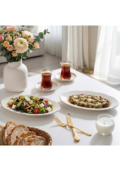 Tr 4453 Yonca Porselen Platin Fileli Kayık Tabak Seti - Oval Kahvaltılık Sunumluk Seti 25cm 2 Adet Diğer