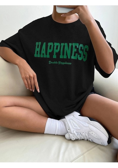 Siyah Oversize Happıness Baskılı T-shirt - Oversize Unisex Siyah