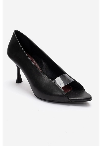 Luvishoes Varelıa Siyah Cilt Şeffaf Bantlı Kadın Topuklu Ayakkabı