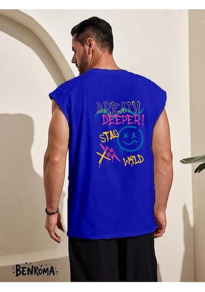 Deeper Stay Baskılı Kolsuz Tişört Saks Mavisi