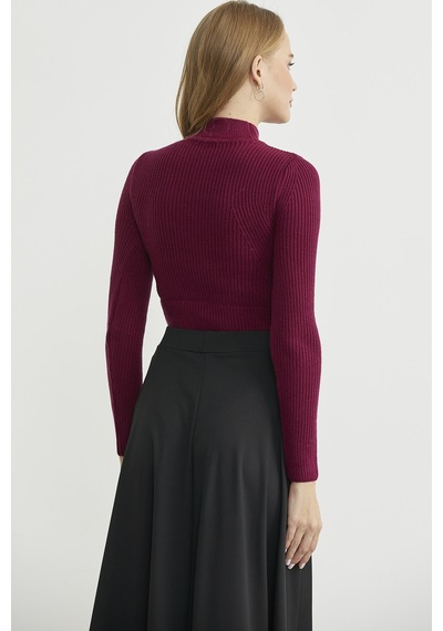 Sementa Yarım Balıkçı Fitilli Bodysuit Triko Kazak - Bordo Bordo