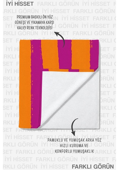 Çizgili Ciao Bella Yazılı Fuşya Turuncu Plaj Havlusu - Canlı Renkli Hızlı Kuruyan Mikrofiber Havlu İnci Ada