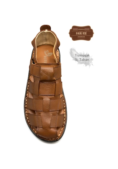 Sermoda Hakiki Deri Burnu Kapalı Erkek Sandalet Taba