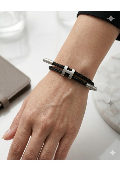 Unisex H Model Silver Renk Çelik Detay Siyah İp Bileklik Gümüş - Siyah