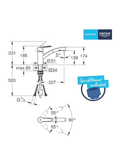 Grohe Start 303072431 90 Dönüş Açısı Spiralli Eviye Bataryası Mat Siyah