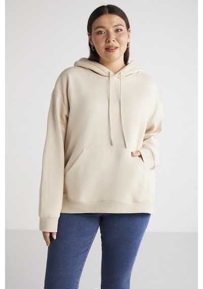 ETHIQUET TEREZABB Kadın Içi Polarlı Yumuşacık Comfort Fit Kapüşonlu Kanguru Cep Bej Büyük Beden Sweatshirt