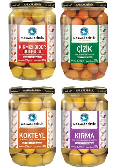 Marmarabirlik Yeşil Zeytin 400 Gr Cam Biberli-çizik-kırma-kokteyl 4 Lü Karma Paket