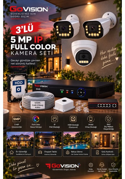 Go Vision 3'lü Güvenlik Dome Bullet Ip Kamera Seti - 3.6mm Lens, H.265, Poe, Warm Led Gece Görüşlü