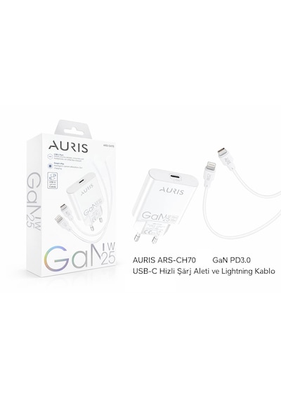 Auris Gan Ultra Slim 25 Watt Usb C To Lightning Şarj Cihazı 1 Metre Lightning Kablo -