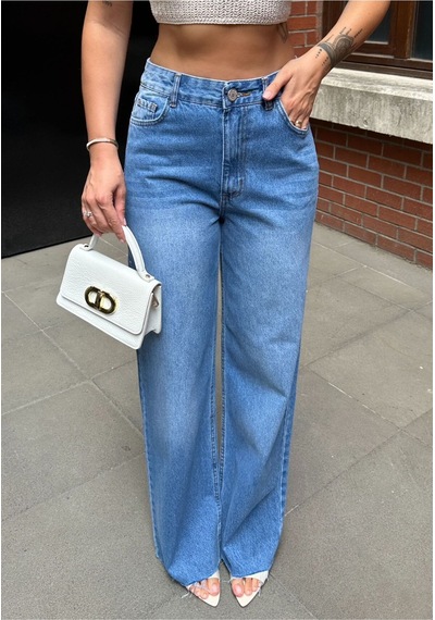 Kene Jeans Kadın Mavi İşlemli Paça Kesik Bol Paça Kot Pantolon Mavi