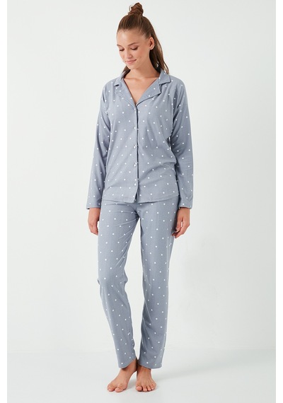 Lela Streç Standart Fit Düğmeli Bayan Pijama Takımı 60956601 Gri