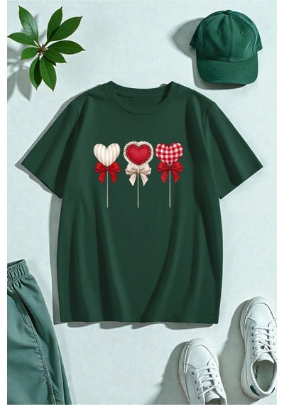 Uyguntarz Şekerleme Lolilop Kalp Baskılı Tasarım Tshirt Yeşil