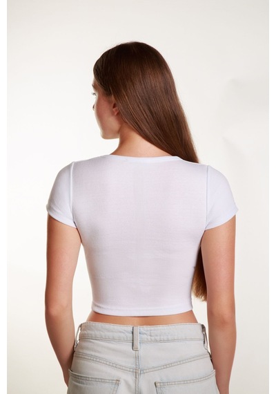 Mea Capio Kadın Fitilli Crop Kare Yaka Fitilli Kısa Kollu T-shirt Atlet Beyaz