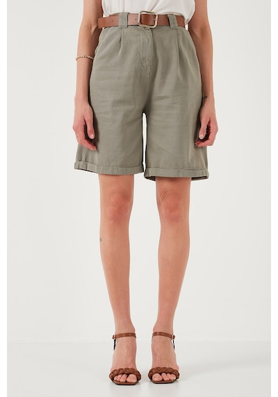 Lela Pamuklu Relaxed Fit Yüksel Bel Kemerli Gabardin Short Bayan Şort 668Yp4710 Açık Haki