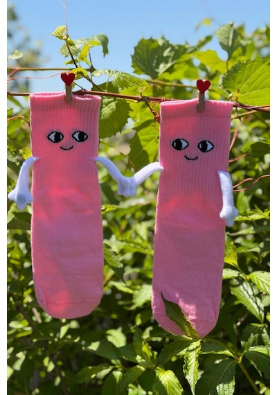 Lousocks Unisex Pembe Elele Tutuşan - Halay Çeken Çorap 1 Çift - Sevimli Yüz İfadeli Soket Çorap