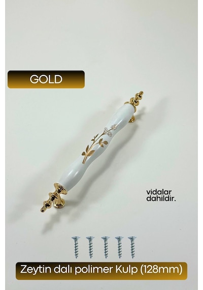 Polimer Zeytindalı Kulp Lüks Modern Mobilya Çekmece Vestiyer Mutfak Dolabı Kulpu 128mm Beyaz-gold