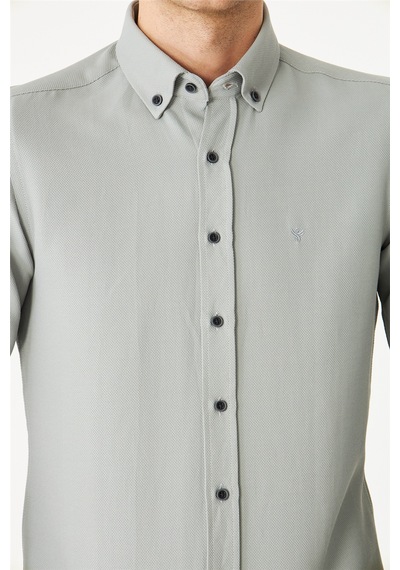 Gri Düğmeli Yaka Uzun Kollu Gömlek Slim Fit Gri