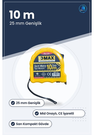 Şerit Metre 10 M X 25 Mm Sarı Kasalı Ölçüm Aleti Manuel Mid Onayl