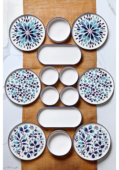 Kitchen Life 14 Parça 6 Kişilik Stackable Blue Etnik Kahvaltı Takımı - Lüx Kahvaltılık Sunum Seti Tabağı Mavi Lacivert Turkuaz