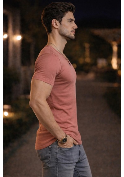 Bybülent Erkek Oval Yaka Tişört Açık Yaka Likralı Slim Fit T-shirt Pudra
