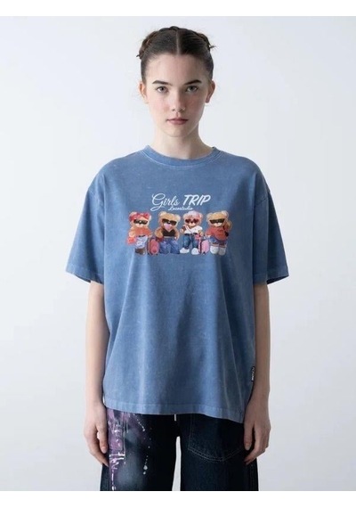 Zekids Kız Çocuk Ayıcık Baskılı Oversize T-shirt-15808 Mavi