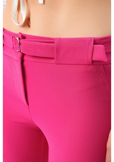 Jument Kalın Kemerli D Tokalı Likralı Bilek Boy Kumaş Pantolon-Magenta Pembe