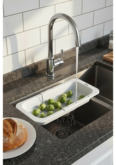 Sieve Beyaz - Pratik Ayarlanabilir Sürgülü Lavabo Süzgeci - Meyve Sebze Yıkama Aparatı Beyaz