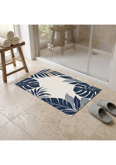 Kartela Halı Botanik Yaprak Desenli Banyo Paspası Lacivert Kaymaz Taban 60x90 Cm