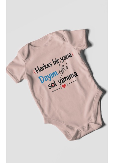 Morivokids Herkes Bir Yana, Dayım Sol Yanıma Kısa Kollu Bebek Body %100 Pamuk Pastel Pembe