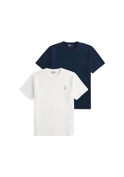 Genius Store Erkek Siyah Tişört %100 Pamuk Süprem Basic Tişört Bisiklet Yaka Nakışlı T-shirt Erkek-2li Beyaz - Lacivert