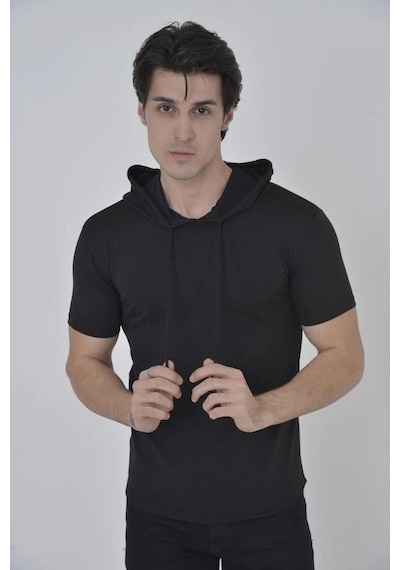 Ertaştrendstore Kadın Kapüşonlu T-shirt Kısa Kol Bisiklet Yaka Slimfit Tişört - Siyah Çok Renk