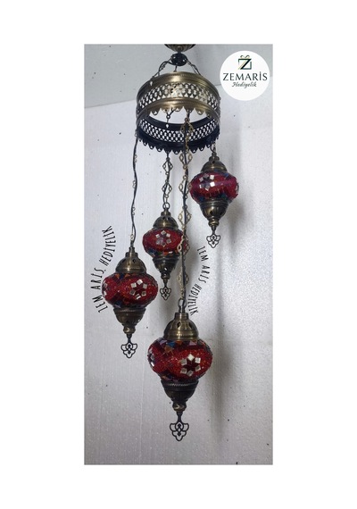 El Yapımı Otantik Mozaik 4 Lü Avize Tavan Sarkıt Dekoratif Pembe - 787013844 Pembe