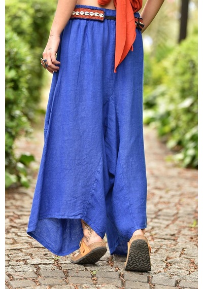 Bohem Stil İtalyan Cepli Keten Şalvar Pantolon Cmn00154 Mavi