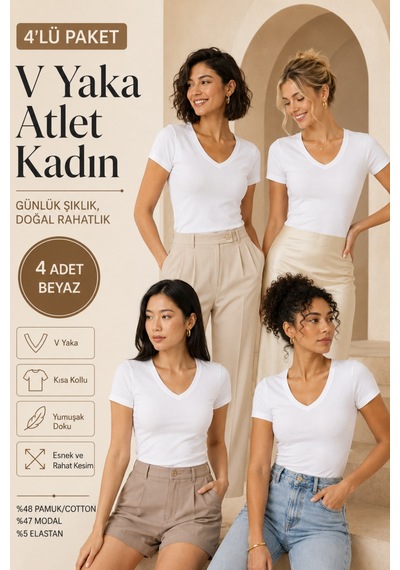 Loule Kadın 4'lü V Yaka Kısa Kollu Üst Beyaz Modal Pamuk