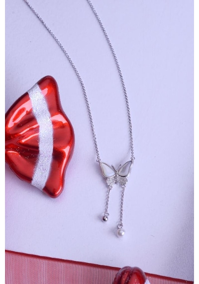 Innuendo Jewelry 925 Ayar Gümüş Sedefi İncili Taşlı Kelebek Kolye Gümüş
