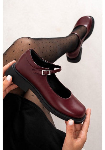 Dabab Shoes Berlın Kadın Bordo Cilt Mary Jane Yuvarlak Burun 2 Cm Kalın Taban Tokalı Babet Loafer Ayakkabı