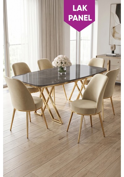 Peras Serisi 90x160 Lak Panel Antrasit İroni Gold Ayaklı Masa Takımı 6 Sandalye Antrasit İroni Masa Krem Sandalye Peras Serisi 90x160 Lak Panel Antrasit İroni Gold Ayaklı Masa Takımı 6 Sandalye Antrasit İroni Masa Krem Sandalye