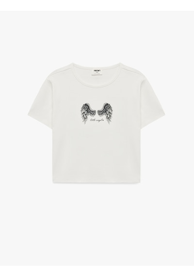 Koton Baskılı Kısa Kollu Bisiklet Yaka Pamuklu Crop Tişört Ekru 6skg10473ak