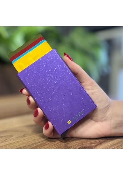 Wrapsol Mekanizmalı Kartlık Rfid Korumalı Alüminyum Otomatik Mekanizmalı Kredi Kartlık Renkli Mat Kırmızı Simli Mor Simli Mor