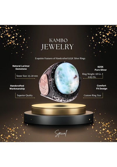 Larimar Taşlı Yüzük - Huzurlu 925 Ayar Solid Gümüş Erkek Yüzüğü - Okyanus Sakinliği Tasarımı Gümüş