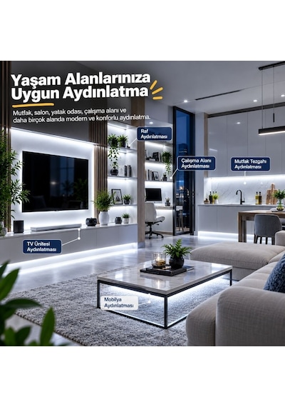 Şerit Led Kumandalı Dimmerli 5 Metre Mutfak Dolabı Tezgah Altı Aydınlatma Led Işık Sb-6557 Beyaz