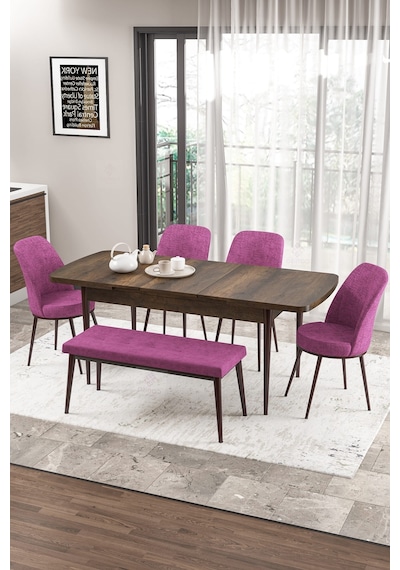 Canisa Concept Zen Serisi 80x132 Mdf Açılabilir Barok Ahşap Desen Masa Takımı 4 Mor Sandalye Ve 1 Bench Barok Masa Sandalye Ve Bench Mor