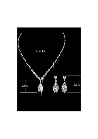 Shine Işıltılı Kristal Su Damlası Taşlı Su Yolu Gümüş Kaplama Şık Kolye Küpe Düğün/ Hediye Takı Seti Pembe - Beyaz
