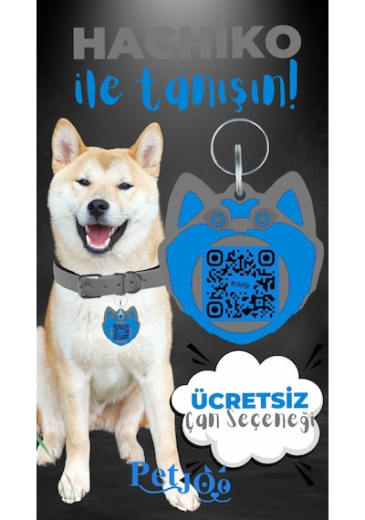 Petjoo 19.Hachiko Mavi-Gri Qr'lı Köpek Künyesi
